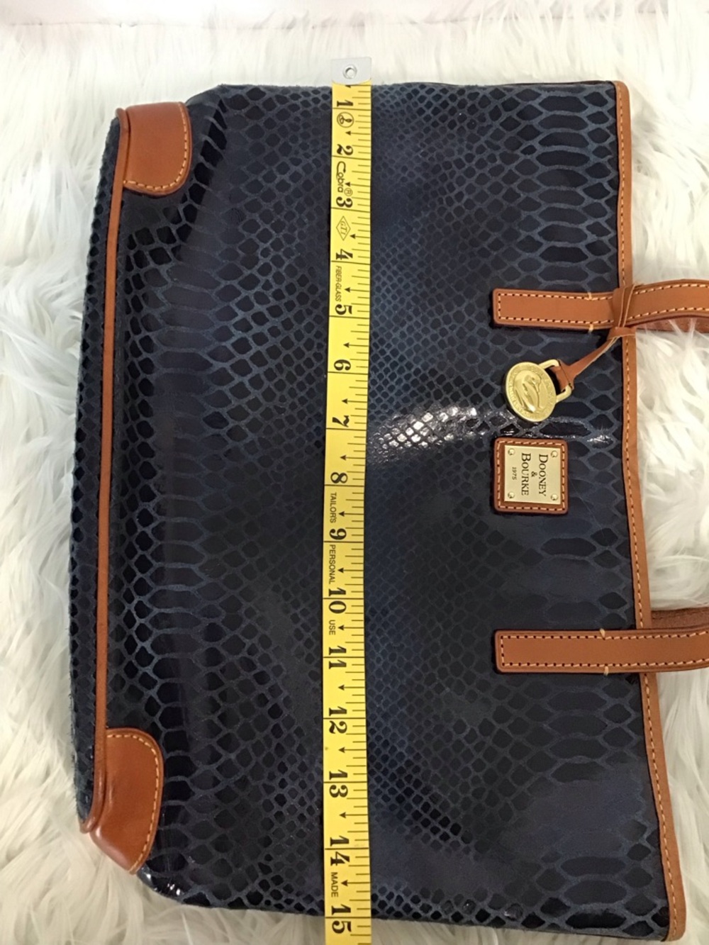 DOONEY & BOURKE Dark Blue Exotic Leather Tan Straps Tote Excellent - Picture 7 of 16